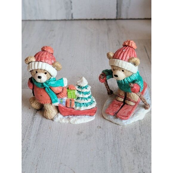 Teddy bear sledding skiing pine tree figure xmas set - Picture 1 of 8